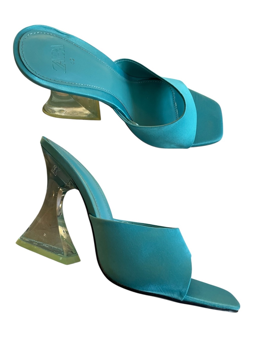 Zara Satin Turquoise Heels Sculptural Lucite Heel Sandals - Picture 2 of 5